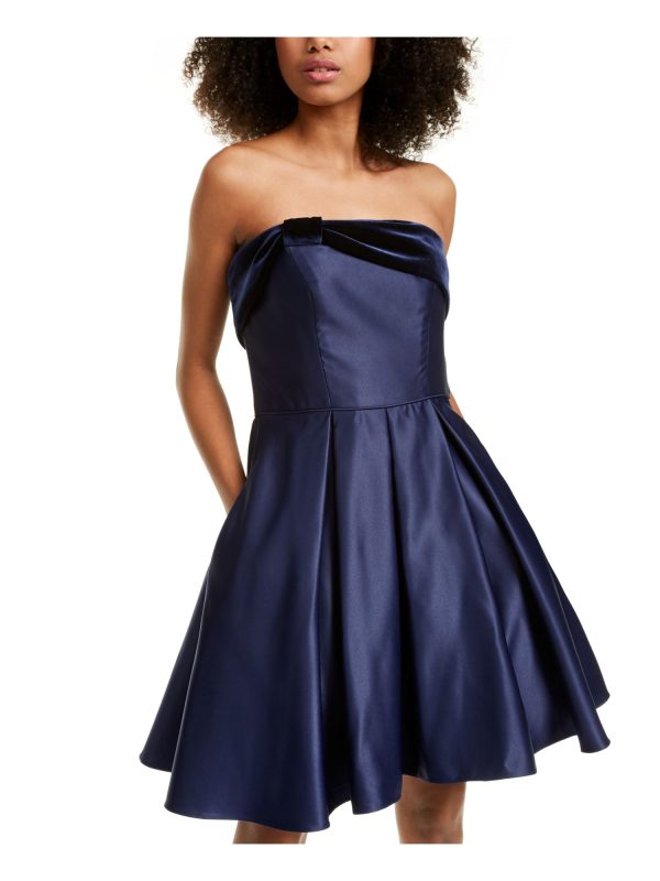 BLONDIE Womens Navy Zippered Strapless Above The Knee Party Fit + Flare Dress For Sale