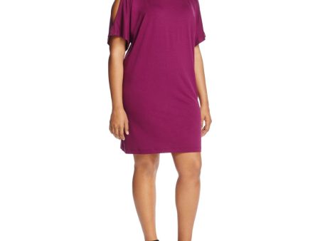 EILEEN FISHER Womens Purple Stretch Cold Shoulder Cocoon Jersey Elbow Sleeve Boat Neck Knee Length Shift Dress Supply