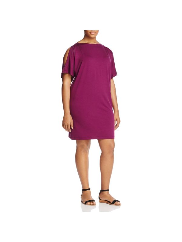 EILEEN FISHER Womens Purple Stretch Cold Shoulder Cocoon Jersey Elbow Sleeve Boat Neck Knee Length Shift Dress Supply