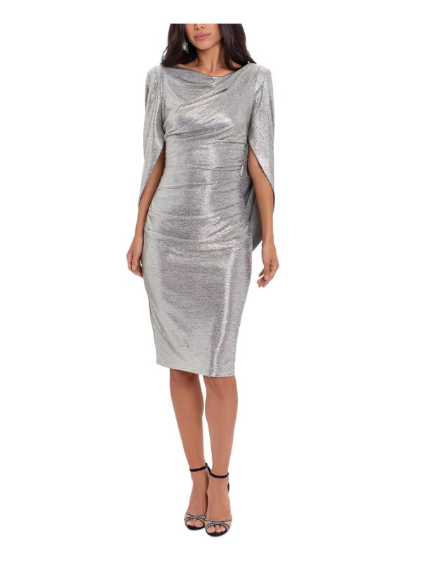 BETSY & ADAM Womens Silver Short Sleeve Boat Neck Knee Length Cocktail Sheath Dress For Sale