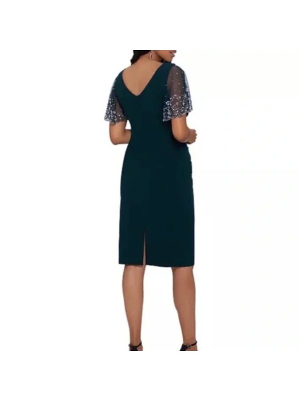 BETSY & ADAM Womens Green Stretch Zippered Embellished Mesh Flutter Sleeve Boat Neck Knee Length Evening Sheath Dress on Sale