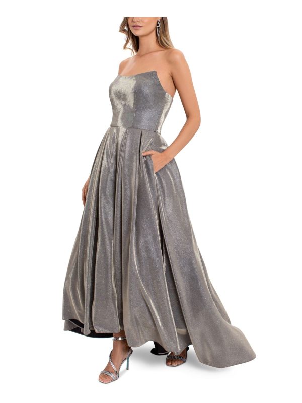 BETSY & ADAM Womens Silver Pocketed Zippered Tulle Pleated Boning Hi Lo Hem Sleeveless Strapless Full-Length Formal Gown Dress Discount