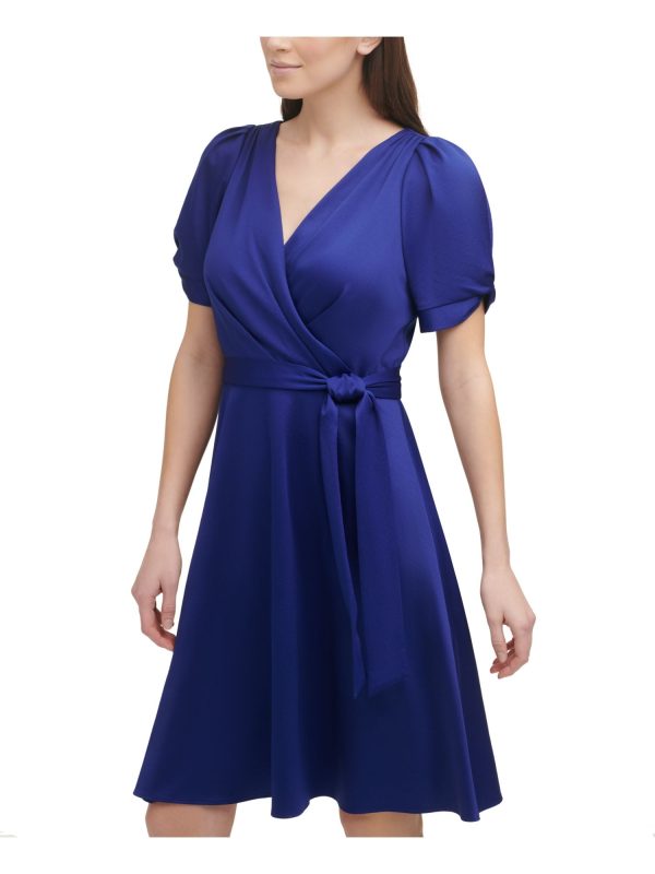 DKNY Womens Blue Pleated Zippered Belted Unlined Short Pouf Knot-s Surplice Neckline Above The Knee Evening Fit + Flare Dress Fashion