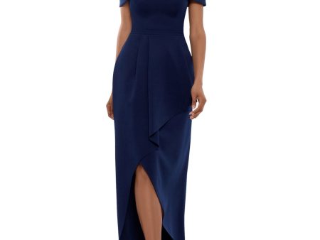 XSCAPE Womens Navy Stretch Zippered Slitted Asymmetrical Hem Lined Short Sleeve Off Shoulder Full-Length Formal Gown Dress Fashion