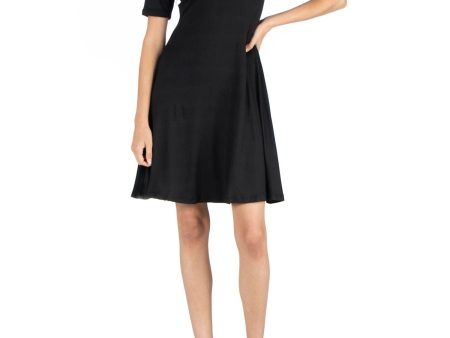 24 SEVEN COMFORT Womens Black Stretch Elbow Sleeve Scoop Neck Above The Knee Fit + Flare Dress on Sale