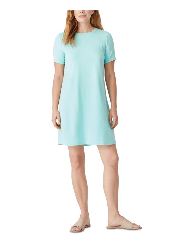 EILEEN FISHER Womens Aqua Stretch Short Sleeve Crew Neck Short Shift Dress For Cheap