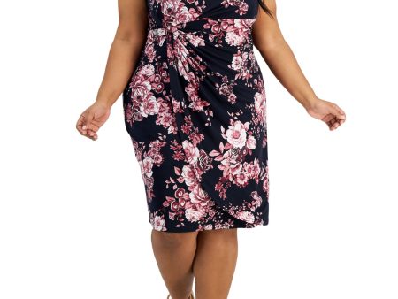 CONNECTED APPAREL Womens Navy Floral Cap Sleeve Round Neck Knee Length Wear To Work Sheath Dress Hot on Sale