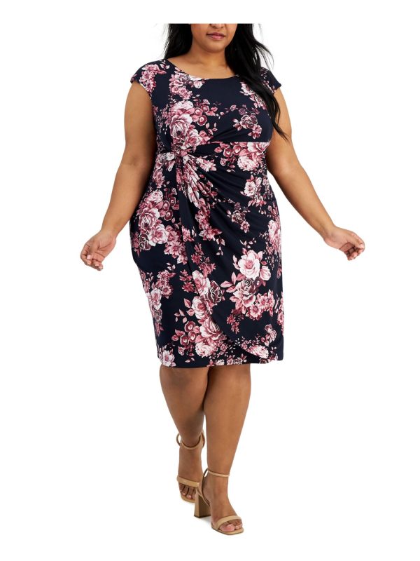 CONNECTED APPAREL Womens Navy Floral Cap Sleeve Round Neck Knee Length Wear To Work Sheath Dress Hot on Sale