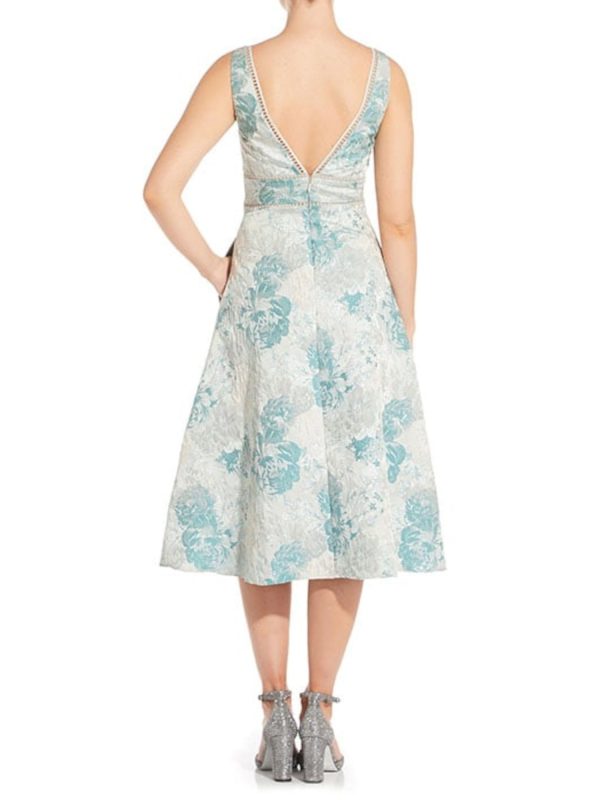 AIDAN MATTOX Womens Aqua Zippered Textured Lined Floral Sleeveless V Neck Midi Cocktail Fit + Flare Dress Hot on Sale