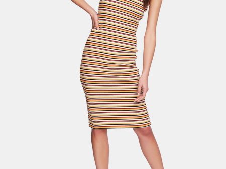 1. STATE Womens Beige Striped Sleeveless Jewel Neck Midi Body Con Dress Online Sale