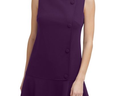 DKNY Womens Purple Stretch Zippered Fitted Faux Button Sleeveless Round Neck Short Wear To Work Drop Waist Dress For Sale