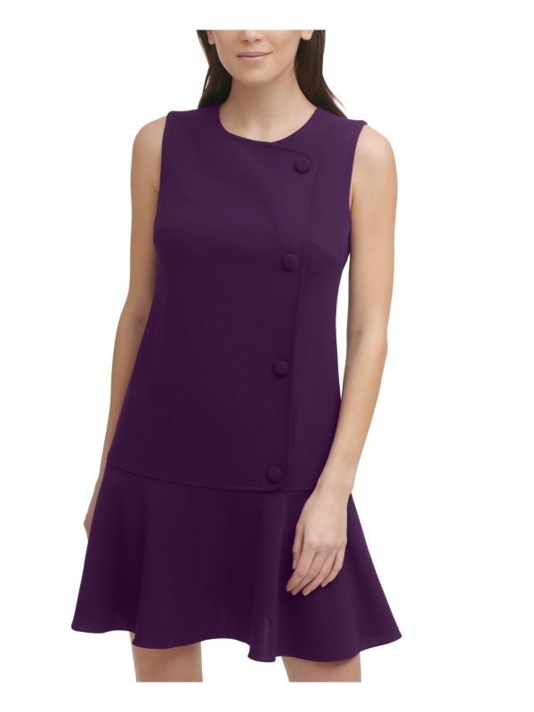 DKNY Womens Purple Stretch Zippered Fitted Faux Button Sleeveless Round Neck Short Wear To Work Drop Waist Dress For Sale