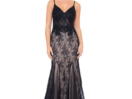 BLONDIE NITES Womens Black Zippered Sheer Lined Floral Sleeveless V Neck Full-Length Formal Gown Dress For Discount