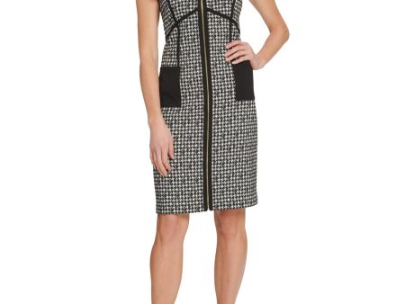 DKNY Womens Black Pocketed Zippered Houndstooth Cap Sleeve Scoop Neck Knee Length Wear To Work Sheath Dress Hot on Sale