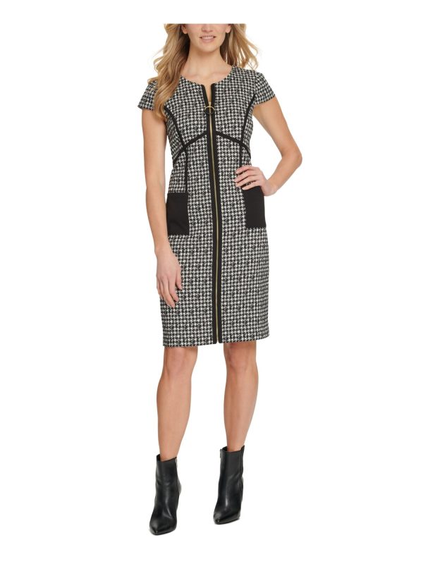 DKNY Womens Black Pocketed Zippered Houndstooth Cap Sleeve Scoop Neck Knee Length Wear To Work Sheath Dress Hot on Sale