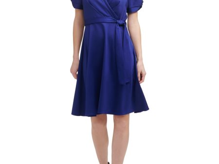 DKNY Womens Blue Pleated Zippered Belted Unlined Short Pouf Knot-s Surplice Neckline Above The Knee Evening Fit + Flare Dress Fashion