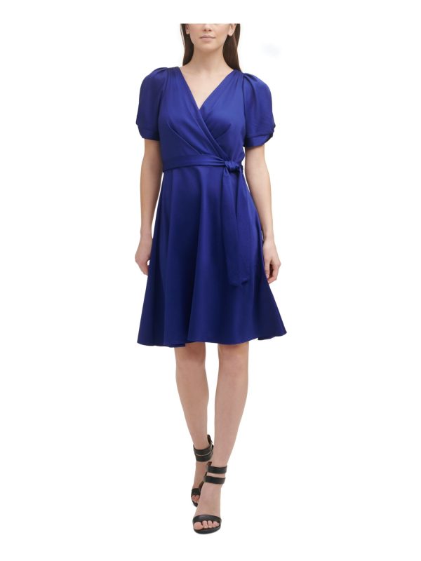 DKNY Womens Blue Pleated Zippered Belted Unlined Short Pouf Knot-s Surplice Neckline Above The Knee Evening Fit + Flare Dress Fashion