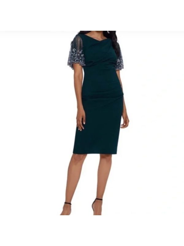 BETSY & ADAM Womens Green Stretch Zippered Embellished Mesh Flutter Sleeve Boat Neck Knee Length Evening Sheath Dress on Sale