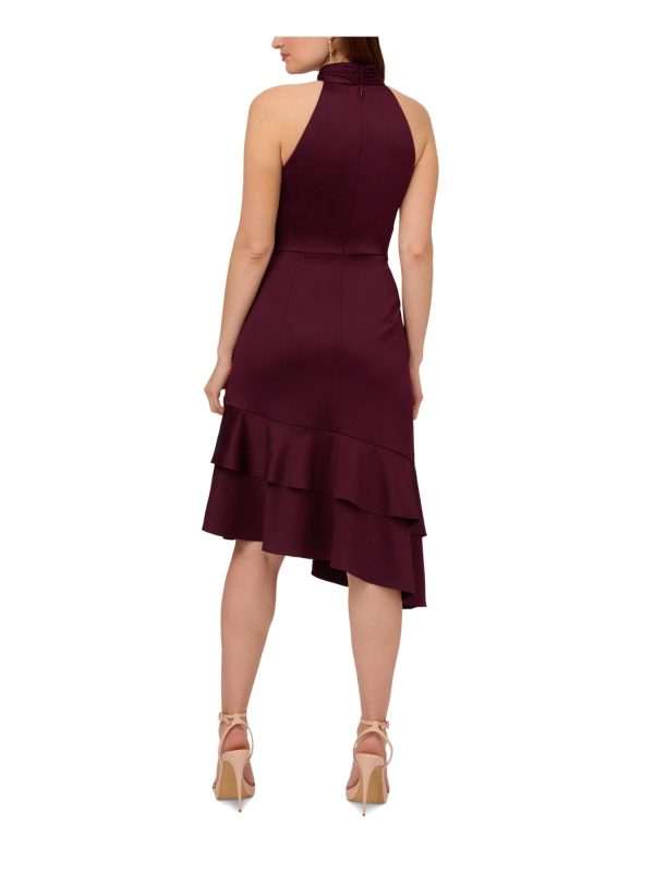 ADRIANNA PAPELL Womens Purple Ruched Zippered Double Ruffled Asymmetric Hem Sleeveless Halter Below The Knee Party Fit + Flare Dress Discount