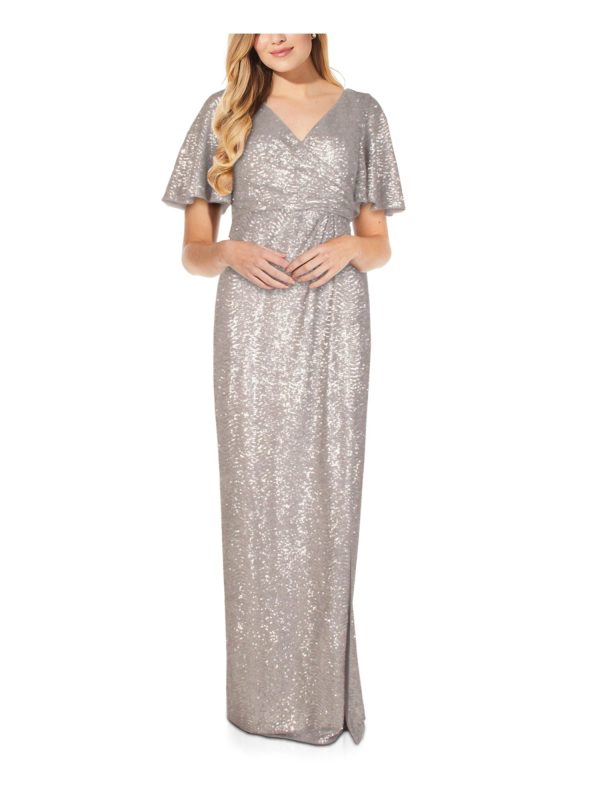 ADRIANNA PAPELL Womens Silver Sequined Zippered Pleated Slitted Draped Short Sleeve Surplice Neckline Full-Length Evening Gown Dress Fashion