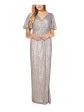 ADRIANNA PAPELL Womens Silver Sequined Zippered Pleated Slitted Draped Short Sleeve Surplice Neckline Full-Length Evening Gown Dress Fashion