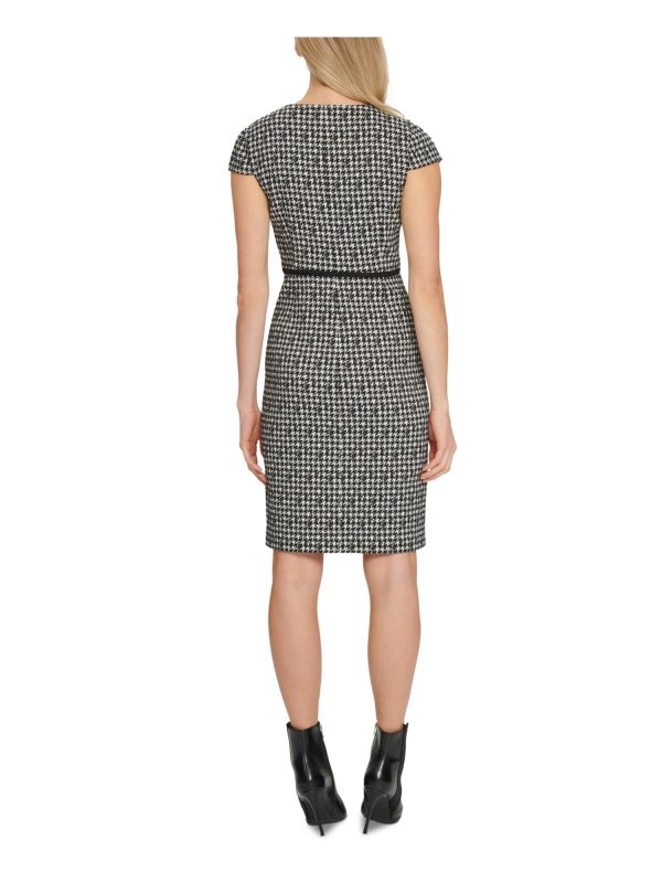 DKNY Womens Black Pocketed Zippered Houndstooth Cap Sleeve Scoop Neck Knee Length Wear To Work Sheath Dress Hot on Sale