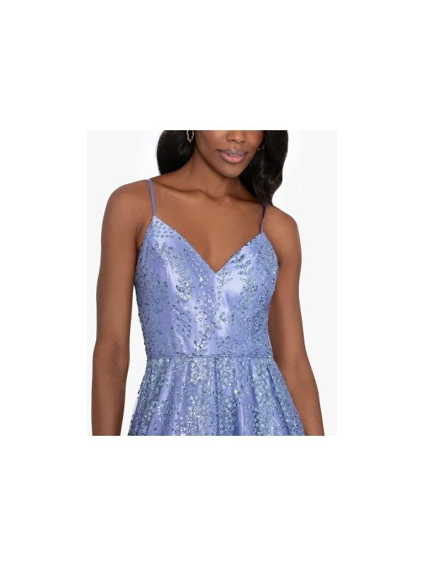 BLONDIE NITES Womens Light Blue Zippered Lined Lace-up Back Spaghetti Strap V Neck Full-Length Prom Gown Dress Discount