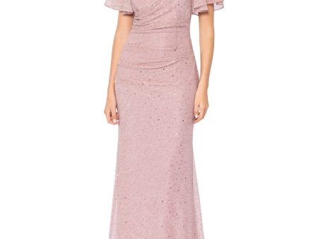 BETSY & ADAM Womens Pink Sequined Zippered Pleated Lined Flutter Sleeve Cowl Neck Full-Length Formal Gown Dress For Cheap