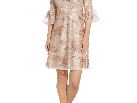 ADRIANNA PAPELL Womens Gold Sequined Sheer Lined Zippered Floral Bell Sleeve Boat Neck Above The Knee Evening Shift Dress Sale