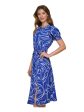 DKNY Womens Blue Zippered Slitted Keyhole Back Self-tie Belt Printed Pouf Sleeve Round Neck Midi Wear To Work Fit + Flare Dress Online Sale