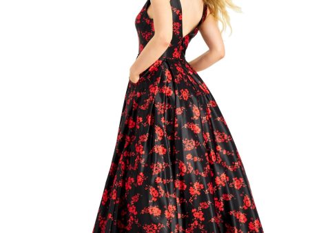 BLONDIE NITES Womens Red Zippered Floral Sleeveless V Neck Full-Length Prom Fit + Flare Dress Cheap