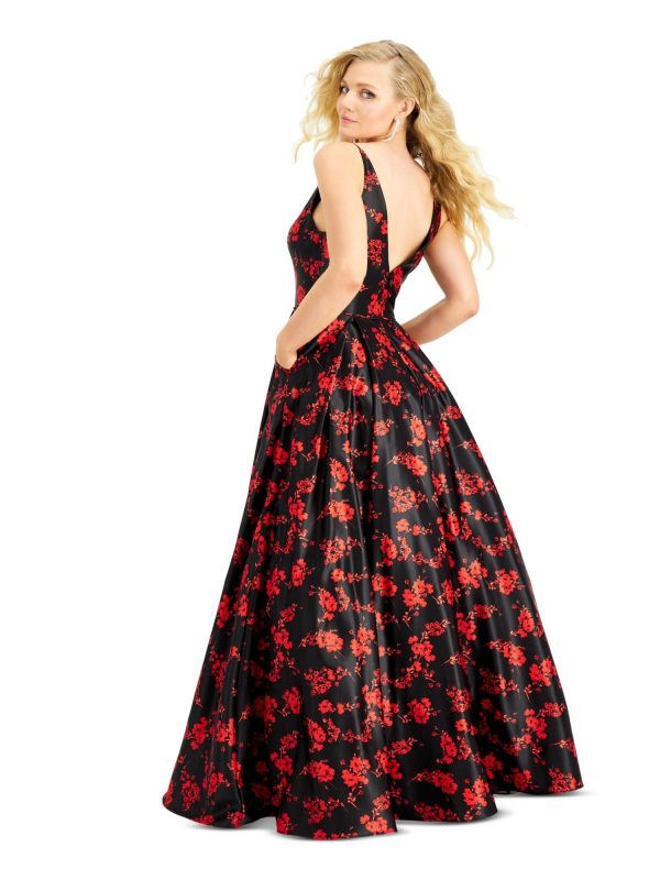 BLONDIE NITES Womens Red Zippered Floral Sleeveless V Neck Full-Length Prom Fit + Flare Dress Cheap