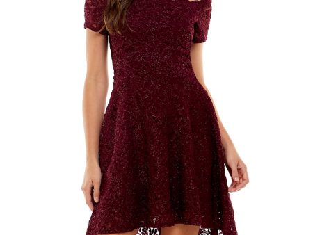 CITY STUDIO Womens Burgundy Stretch Lace Scalloped Hi-lo Hem Lined Padded Glitter S Short Sleeve Off Shoulder Midi Party Fit + Flare Dress For Cheap