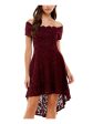 CITY STUDIO Womens Burgundy Stretch Lace Scalloped Hi-lo Hem Lined Padded Glitter S Short Sleeve Off Shoulder Midi Party Fit + Flare Dress For Cheap