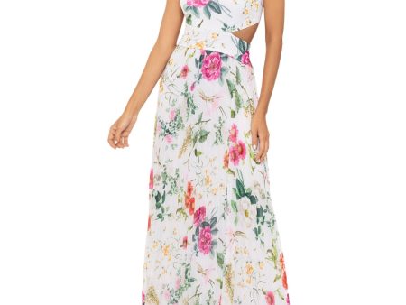 BETSY & ADAM Womens White Pleated Zippered Side Cut-out Lined Floral Sleeveless Asymmetrical Neckline Full-Length Evening Gown Dress Supply