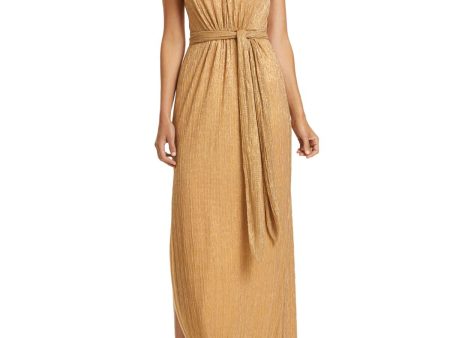 HALSTON Womens Gold Belted Pleated Shimmer Sleeveless Halter Full-Length Evening Sheath Dress Supply