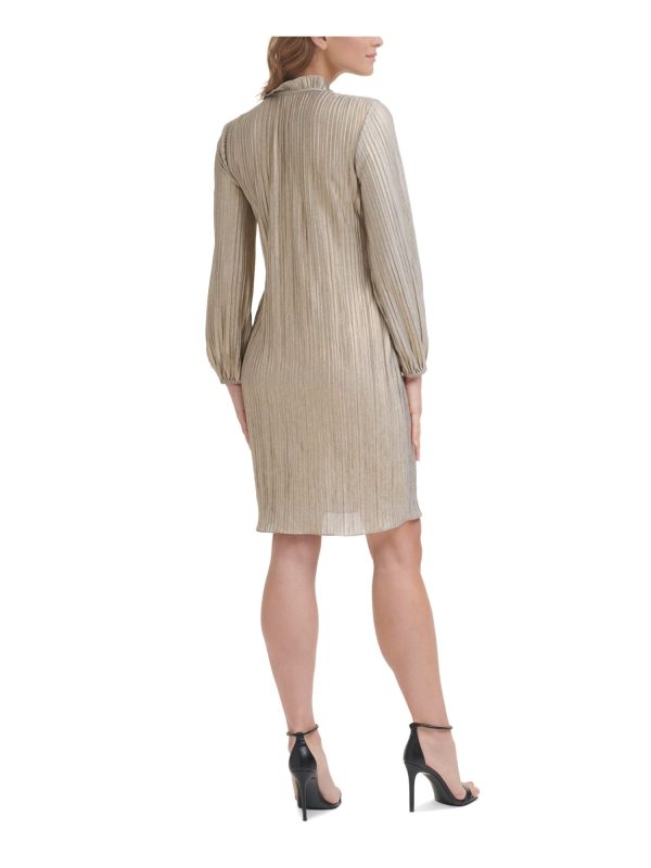 DKNY Womens Gray Pleated Pullover Keyhole Long Sleeve Tie Neck Above The Knee Wear To Work Shift Dress on Sale