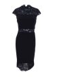 BETSY & ADAM Womens Black Lace Cap Sleeve Jewel Neck Below The Knee Cocktail Sheath Dress For Cheap