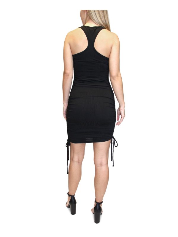 ALMOST FAMOUS Womens Black Stretch Ruched Ribbed Tie Racerback Sleeveless Jewel Neck Above The Knee Party Body Con Dress Discount