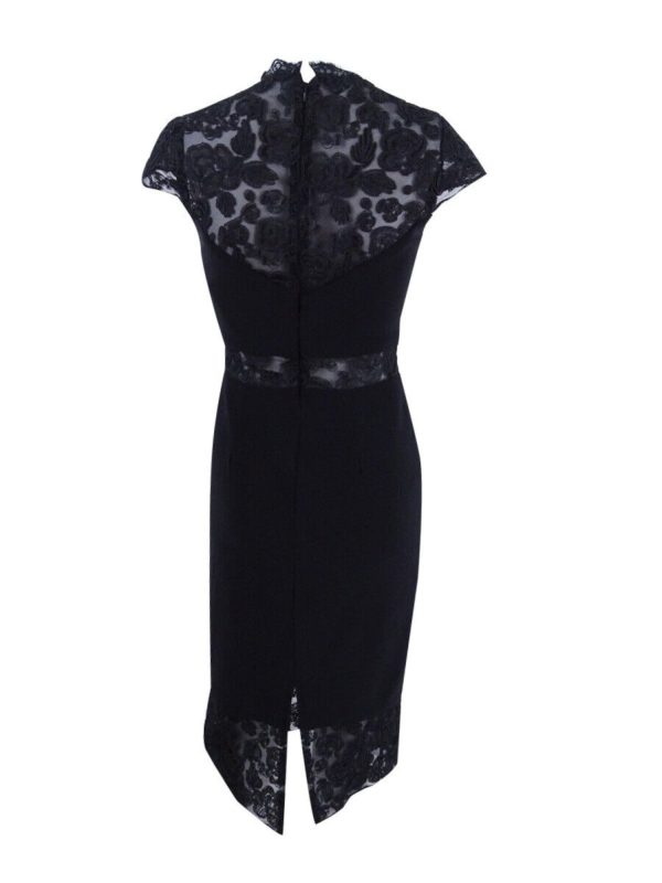 BETSY & ADAM Womens Black Lace Cap Sleeve Jewel Neck Below The Knee Cocktail Sheath Dress For Cheap