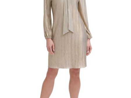 DKNY Womens Gray Pleated Pullover Keyhole Long Sleeve Tie Neck Above The Knee Wear To Work Shift Dress on Sale