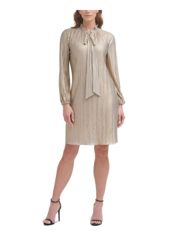 DKNY Womens Gray Pleated Pullover Keyhole Long Sleeve Tie Neck Above The Knee Wear To Work Shift Dress on Sale