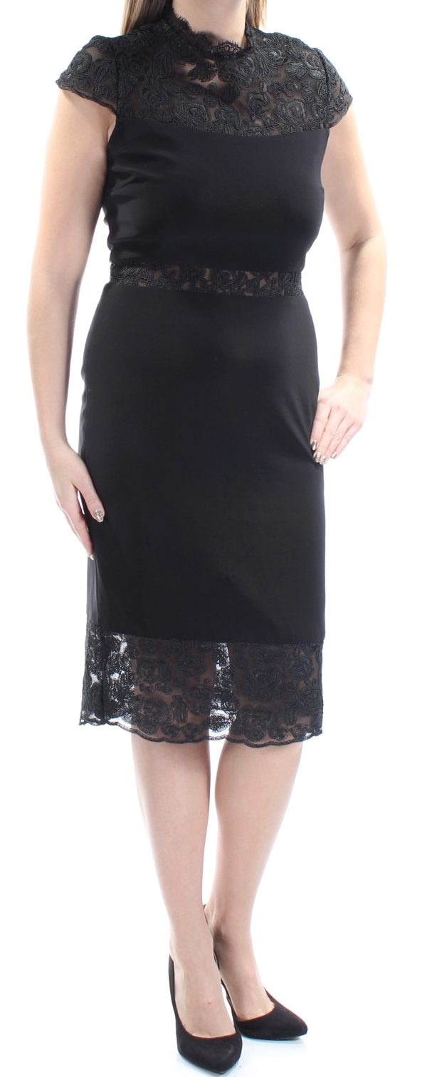 BETSY & ADAM Womens Black Lace Cap Sleeve Jewel Neck Below The Knee Cocktail Sheath Dress For Cheap