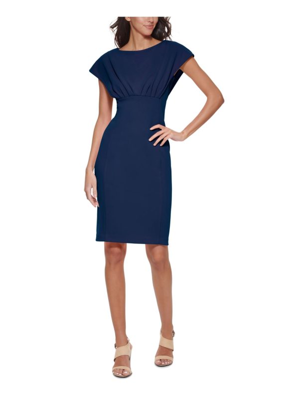 CALVIN KLEIN Womens Navy Zippered Pleated Unlined Cap Sleeve Boat Neck Above The Knee Wear To Work Sheath Dress Online Hot Sale